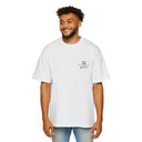 Man wearing a white t-shirt with a logo on a white background