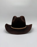 Black wool felt cowboy hat with teardrop crown and upcycled silk band, handmade by Gem Hats Denver