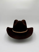 Black wool felt cowboy hat with teardrop crown and upcycled silk band, handmade by Gem Hats Denver