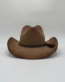 Angled camel wool felt cowboy hat with teardrop crown and handwoven horsehair band, Gem Hats Denver