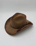 Free-handed mountain branding burned into camel wool felt hat with horsehair band, Gem Hats