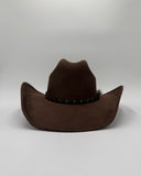 Dark brown suede cowboy hat with cattleman crown and upcycled hat band, handmade by Gem Hats Denver