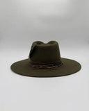 Back view of moss green flat brim wool felt hat and hat bands by Gem Hats Denver