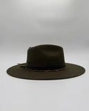 Side profile of green wool felt hat with flat brim and silk hat bands, Gem Hats Denver